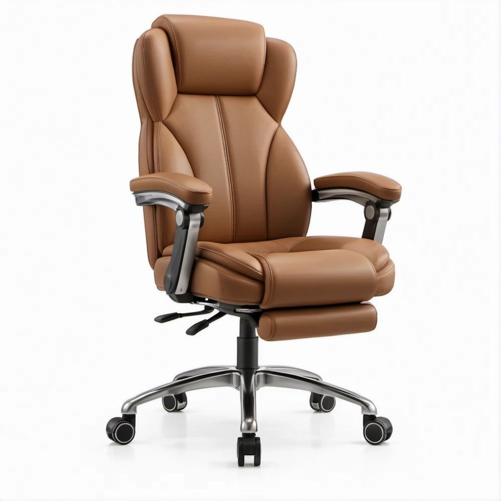 Sedia direzionale ergonomica marrone in pelle sintetica con poggiapiedi estraibile, 70 x 70 x 118-128 cm