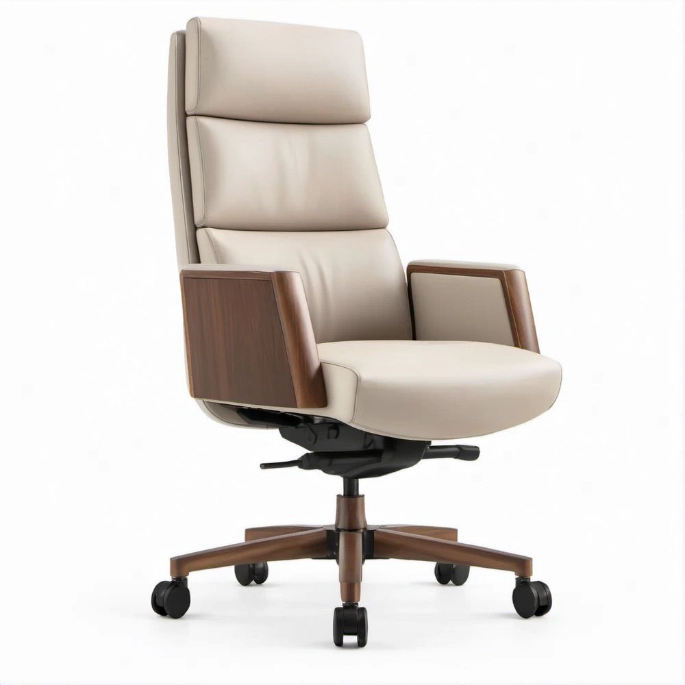 Poltrona direzionale girevole beige e noce scuro, schienale alto, 68 x 68 x 118-126 cm