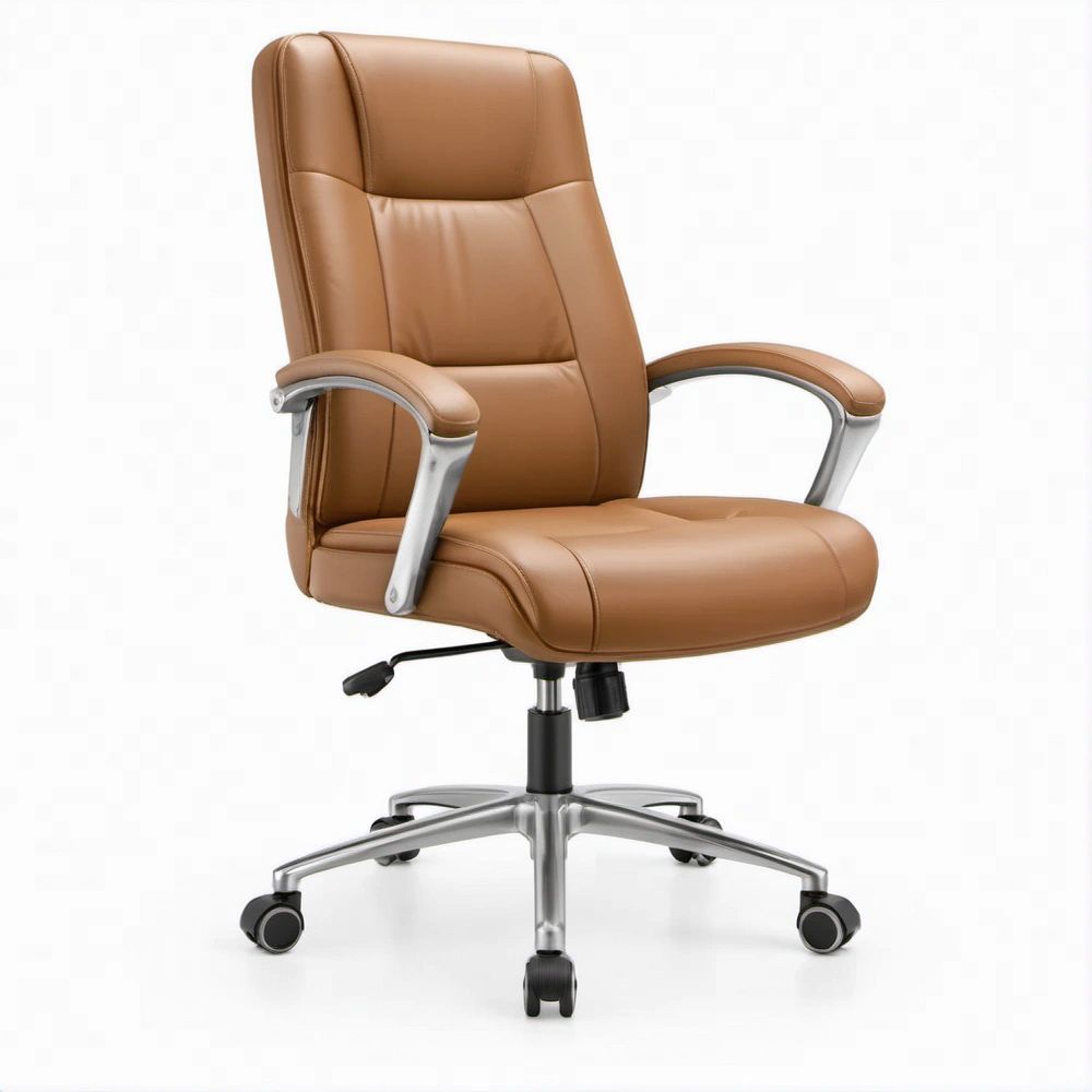 Sedia direzionale girevole in pelle PU marrone con base cromata, 65 x 65 x 113-123 cm