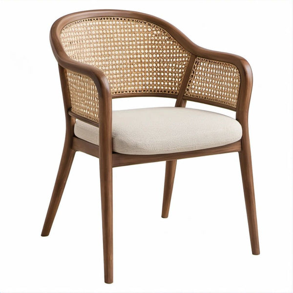 Sedia da pranzo con braccioli in legno color noce, rattan naturale e seduta avorio, 58 x 60 x 78 cm