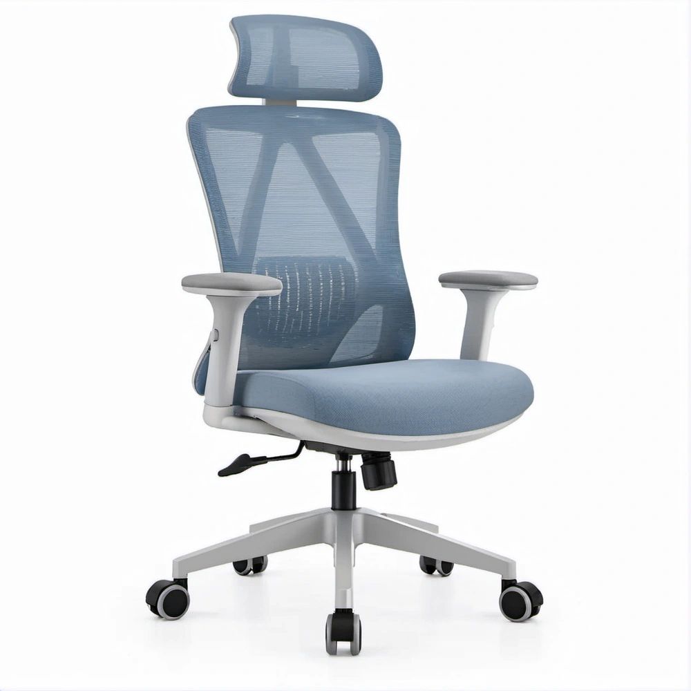Sedia da ufficio ergonomica girevole con poggiatesta, schienale alto in rete blu, 64 x 64 x 117-127 cm
