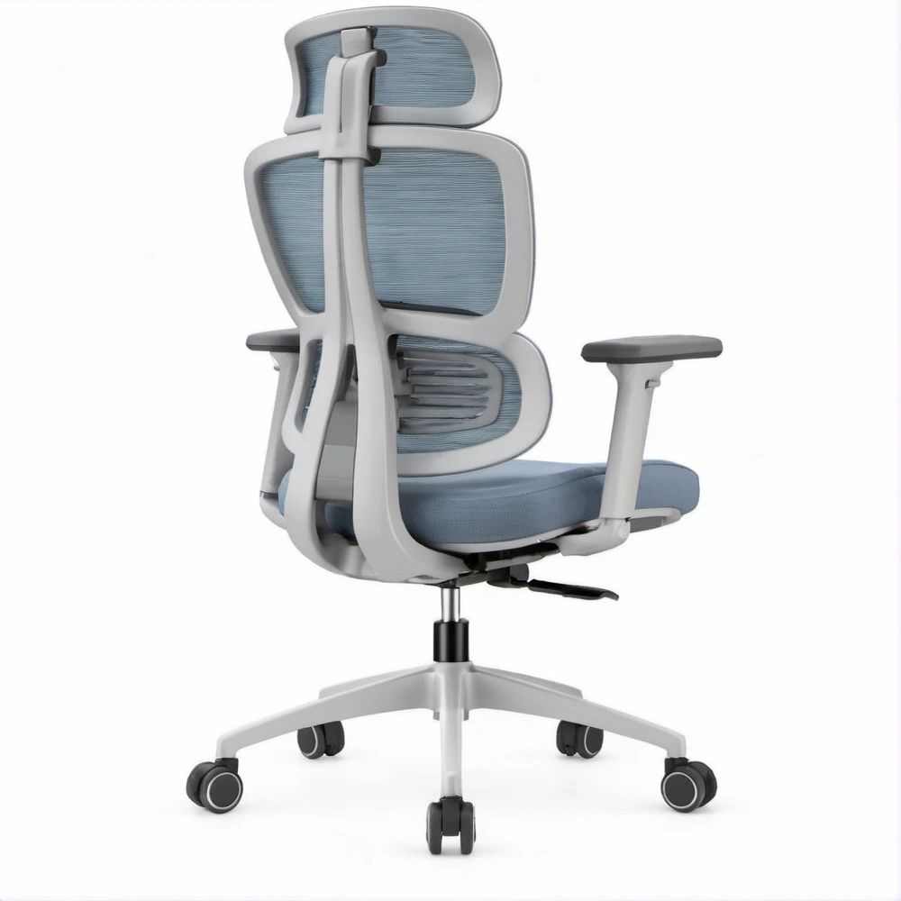 Sedia da ufficio ergonomica girevole con poggiatesta e schienale alto in rete, grigio chiaro e azzurro, 68 x 68 x 118-128 cm