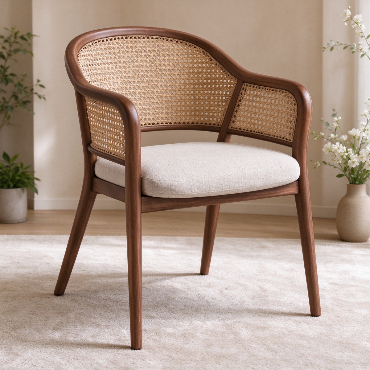 Sedia da Pranzo in Legno Color Noce e Rattan Naturale