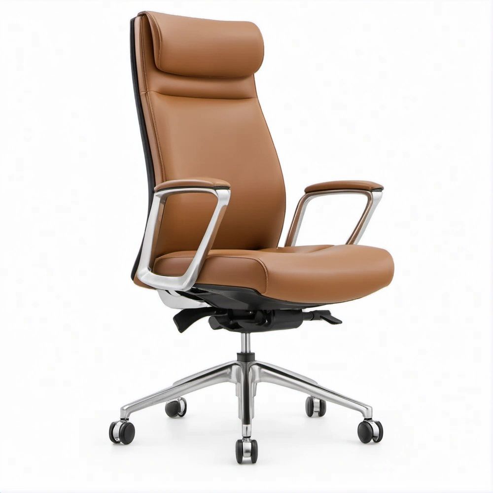 Sedia direzionale girevole marrone in pelle PU con schienale alto, 68 x 70 x 118-128 cm