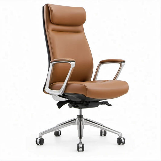 Sedia direzionale girevole marrone in pelle PU con schienale alto, 68 x 70 x 118-128 cm