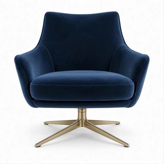 Poltrona lounge girevole in velluto blu scuro con base a stella oro, 82 x 84 x 94 cm