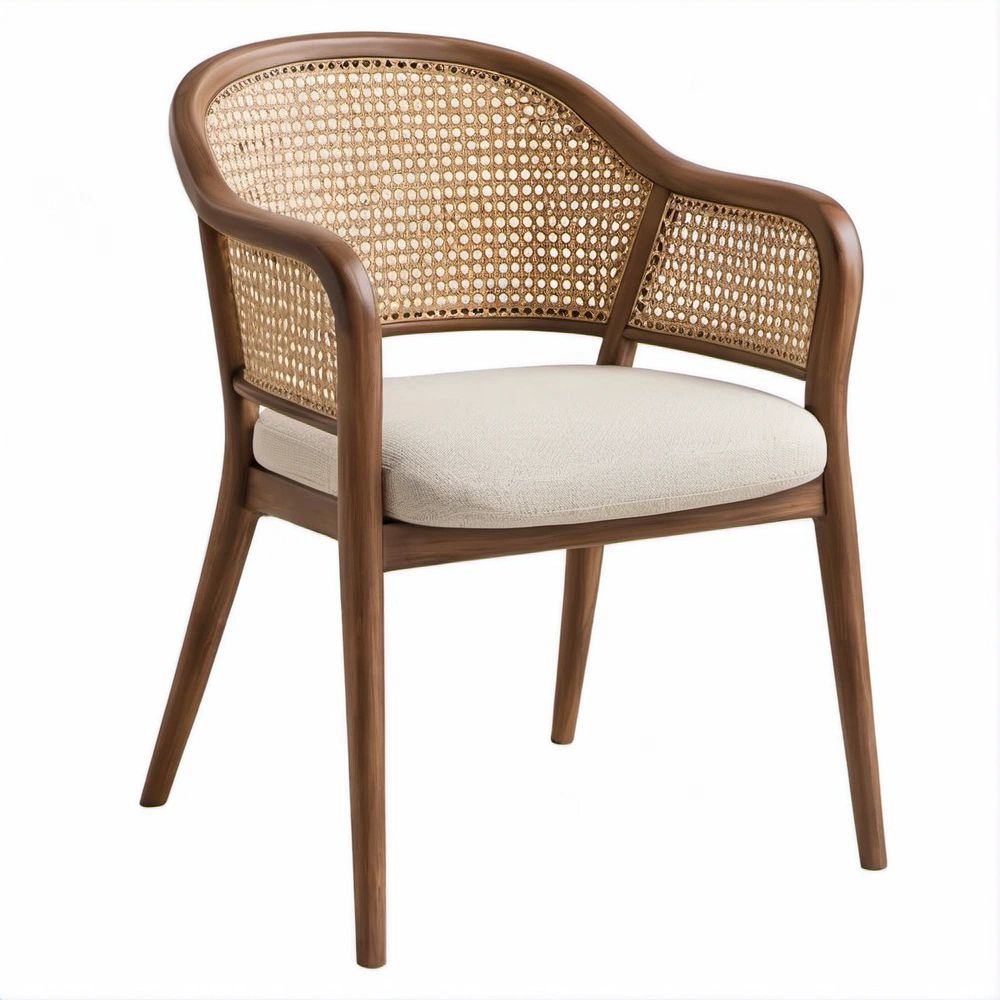 Sedia da pranzo con braccioli in legno color noce, rattan naturale e seduta avorio, 58 x 60 x 78 cm