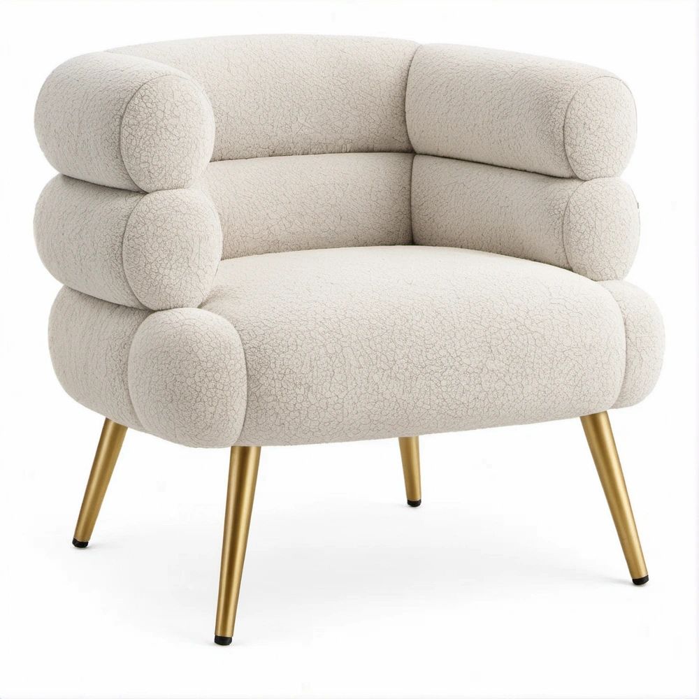 Poltrona lounge in bouclé crema con gambe in acciaio oro, 76 x 74 x 78 cm
