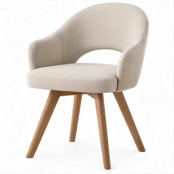 Sedia da pranzo imbottita beige con braccioli e gambe in legno massello, 58 x 57 x 80 cm