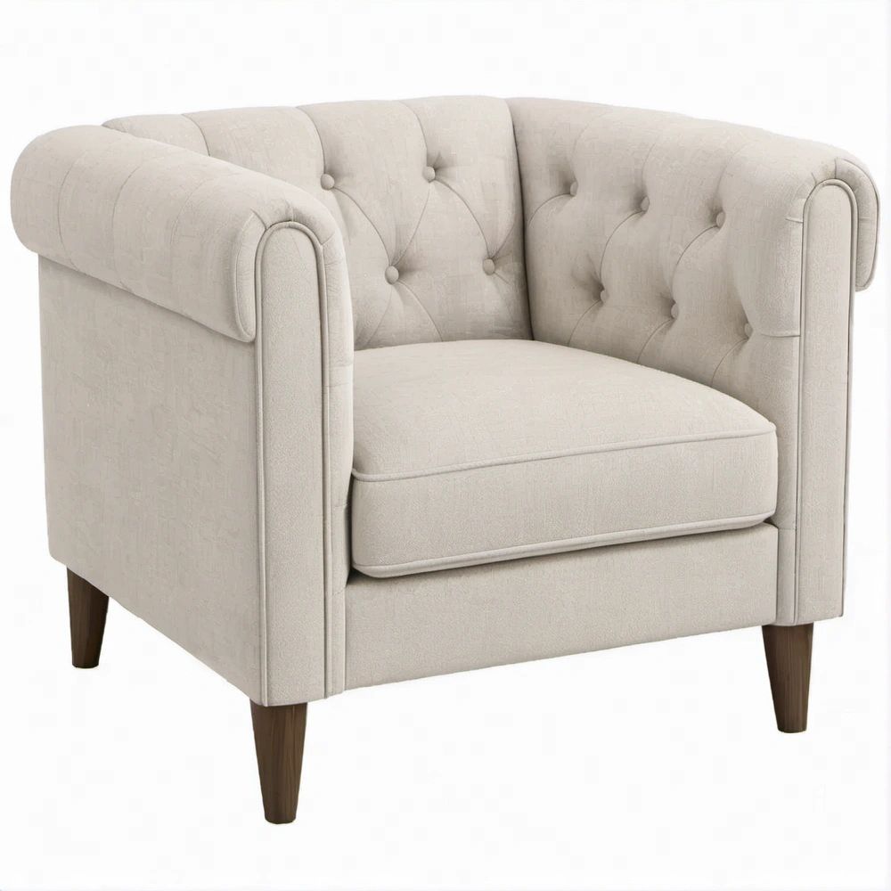 Poltrona Chesterfield beige in poliestere con gambe in legno massello, 85 x 82 x 78 cm