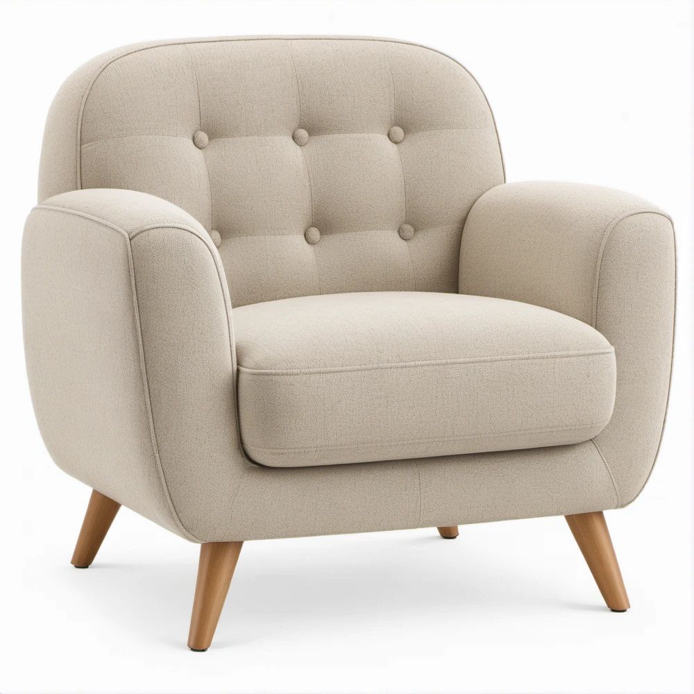 Poltrona lounge arrotondata beige in bouclé con gambe in legno naturale, 82 x 86 x 88 cm