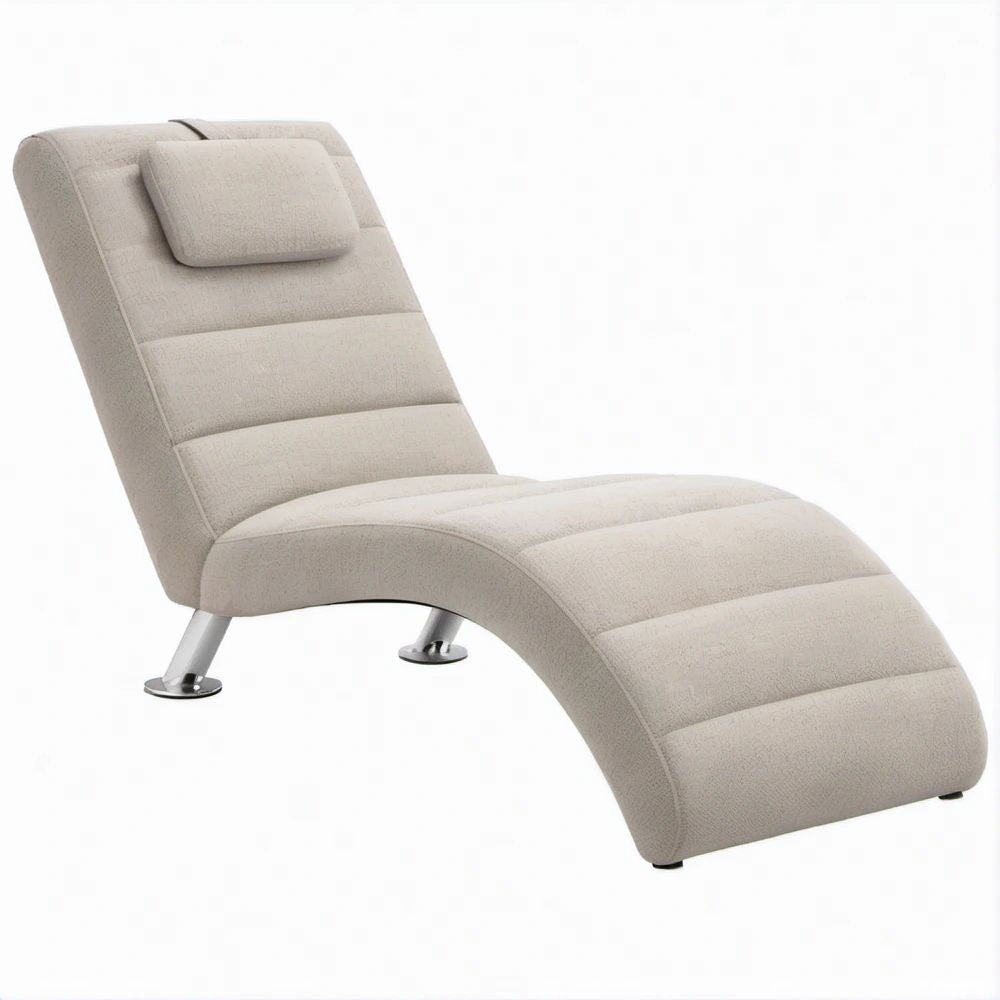 Chaise longue curva beige chiaro con gambe in acciaio cromato, 170 x 65 x 85 cm