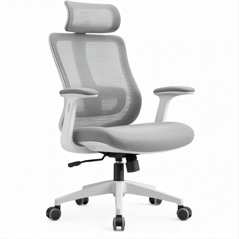 Sedia ergonomica da ufficio girevole grigio chiaro e bianca con poggiatesta, 65 x 65 x 117-127 cm