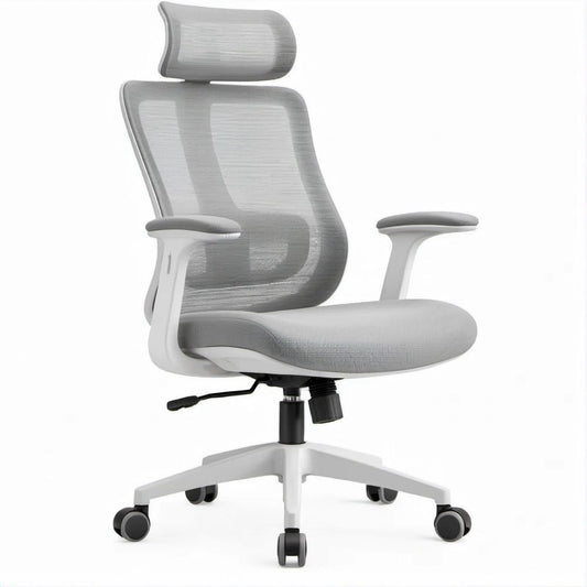Sedia ergonomica da ufficio girevole grigio chiaro e bianca con poggiatesta, 65 x 65 x 117-127 cm