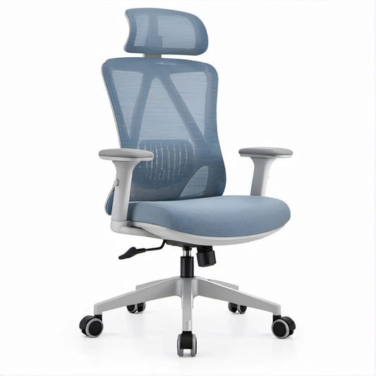 Sedia da ufficio ergonomica girevole con poggiatesta, schienale alto in rete blu, 64 x 64 x 117-127 cm