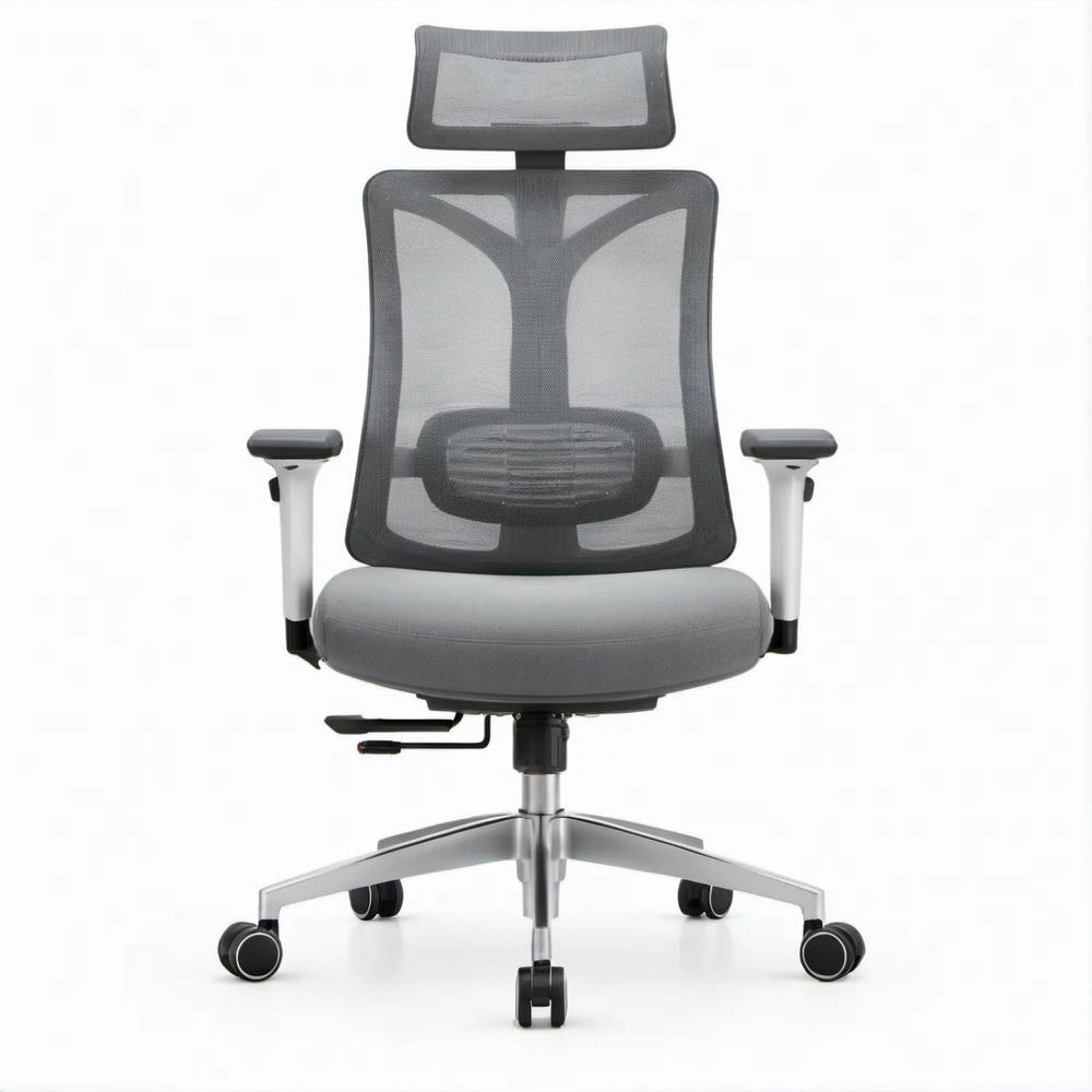 Sedia ergonomica da ufficio grigia con poggiatesta e supporto lombare, 65 x 65 x 118-128 cm