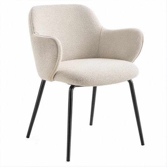 Sedia imbottita con braccioli in bouclé beige e gambe nere, 58 x 60 x 82 cm