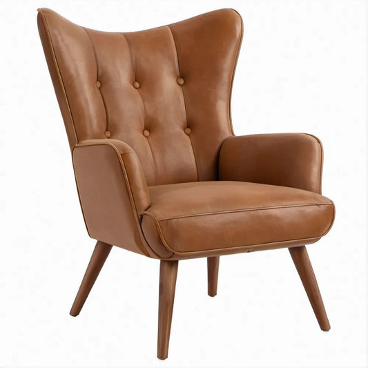 Poltrona lounge ad orecchie marrone in pelle sintetica PU con gambe in legno, 76 x 85 x 105 cm